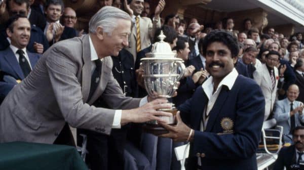 Kapil Dev lifting India’s maiden World Cup trophy
